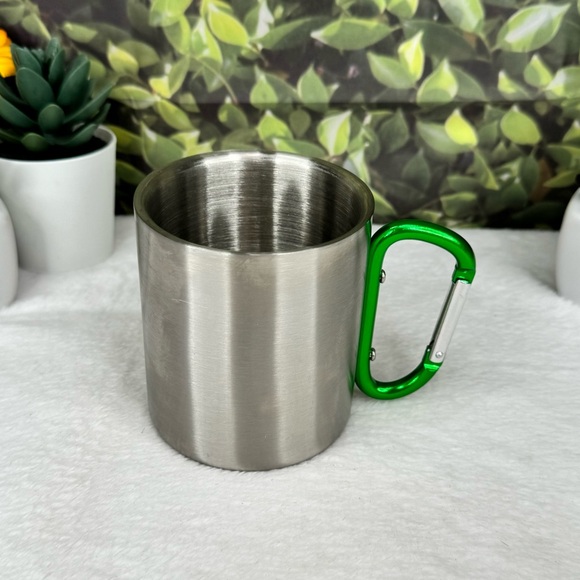 {Life Gear} 10oz Stainless Steel Carabiner Camping Mug – Green Handle - Picture 1 of 12